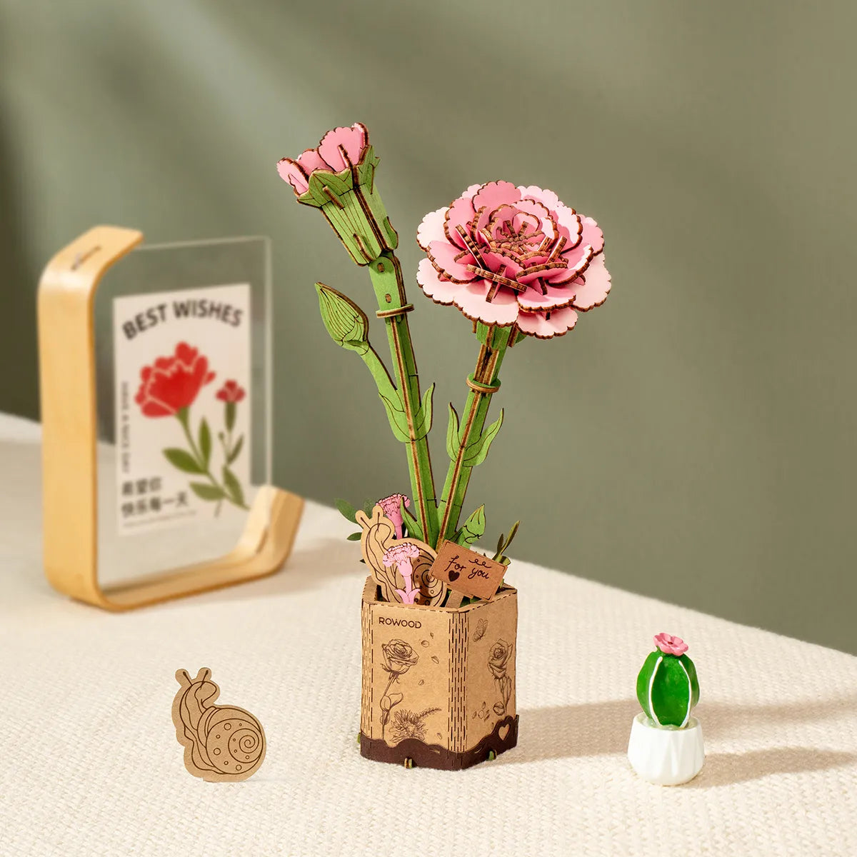 Pink Carnation Wooden Flower Bouquet - 3D Wooden Puzzle 1199