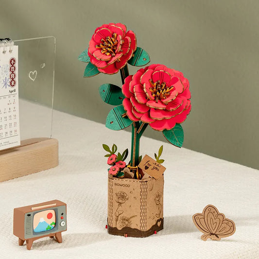 Red Camellia Wooden Flower Bouquet - 3D Wooden Puzzle 1199